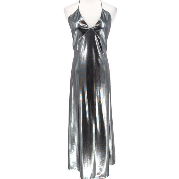 Zara Silver Liquid Metallic Maxi Slip Dress Glam Avant Garde Babydoll 90s Small - Picture 3 of 16